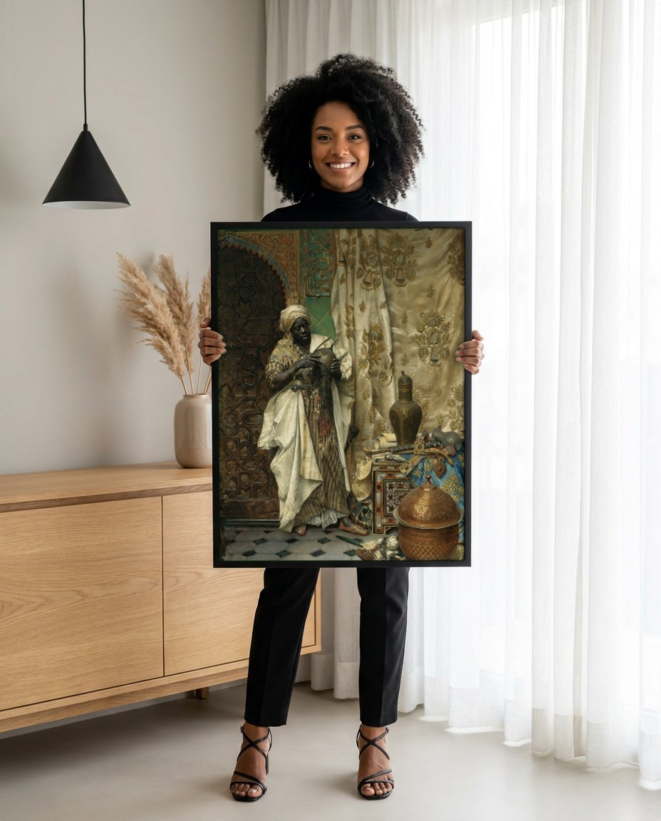 Quadro Decorativo O Escriba - Ludwig Deutsch com modelo em ambiente