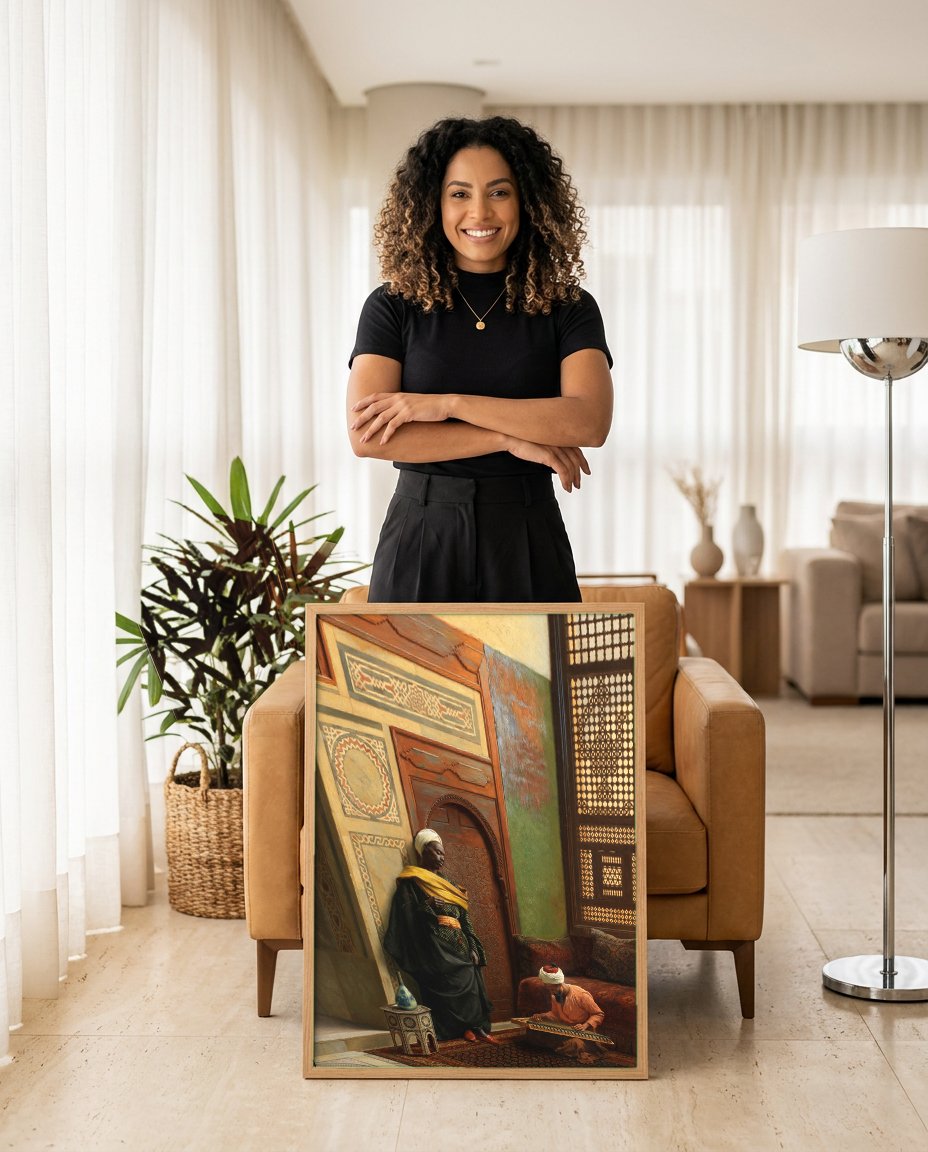 Quadro Decorativo A Audição – Ludwig Deutsch com modelo em ambiente