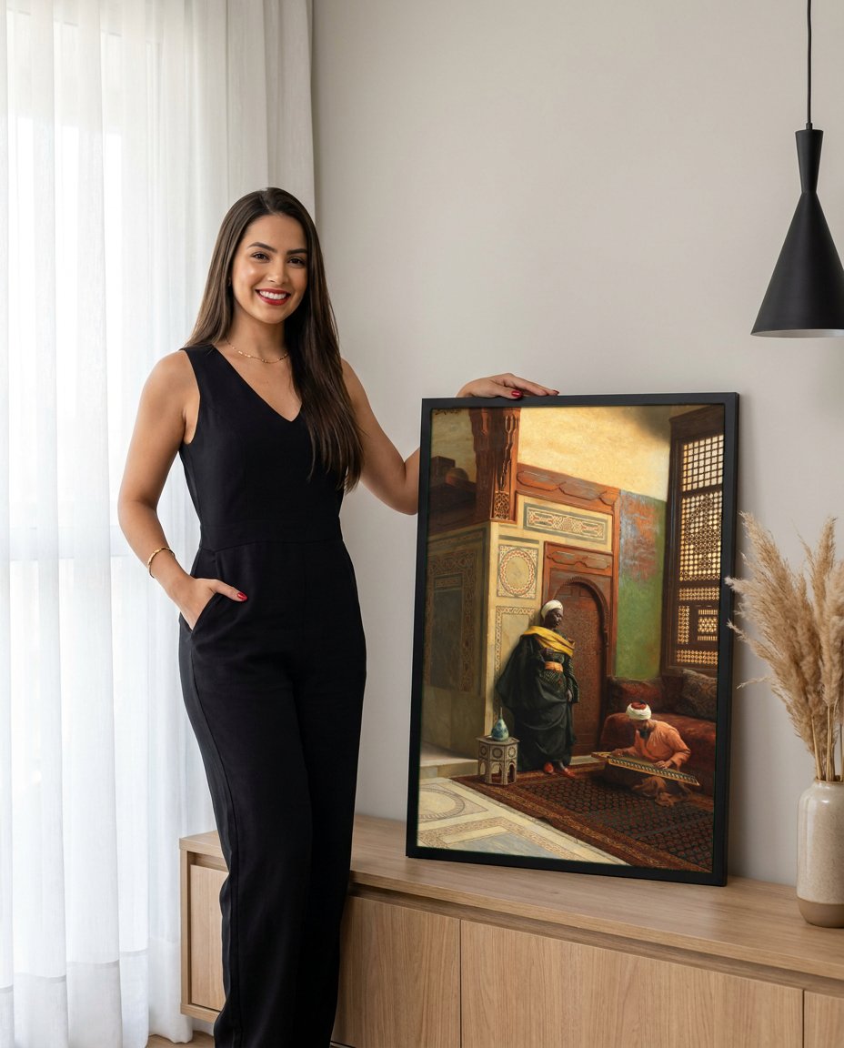 Quadro Decorativo A Audição – Ludwig Deutsch com modelo em ambiente