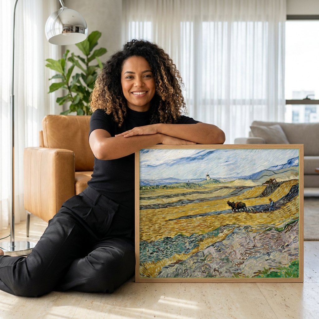Quadro Decorativo Campo de Trigo Arado - Van Gogh | modelo apresentando o quadro emoldurado