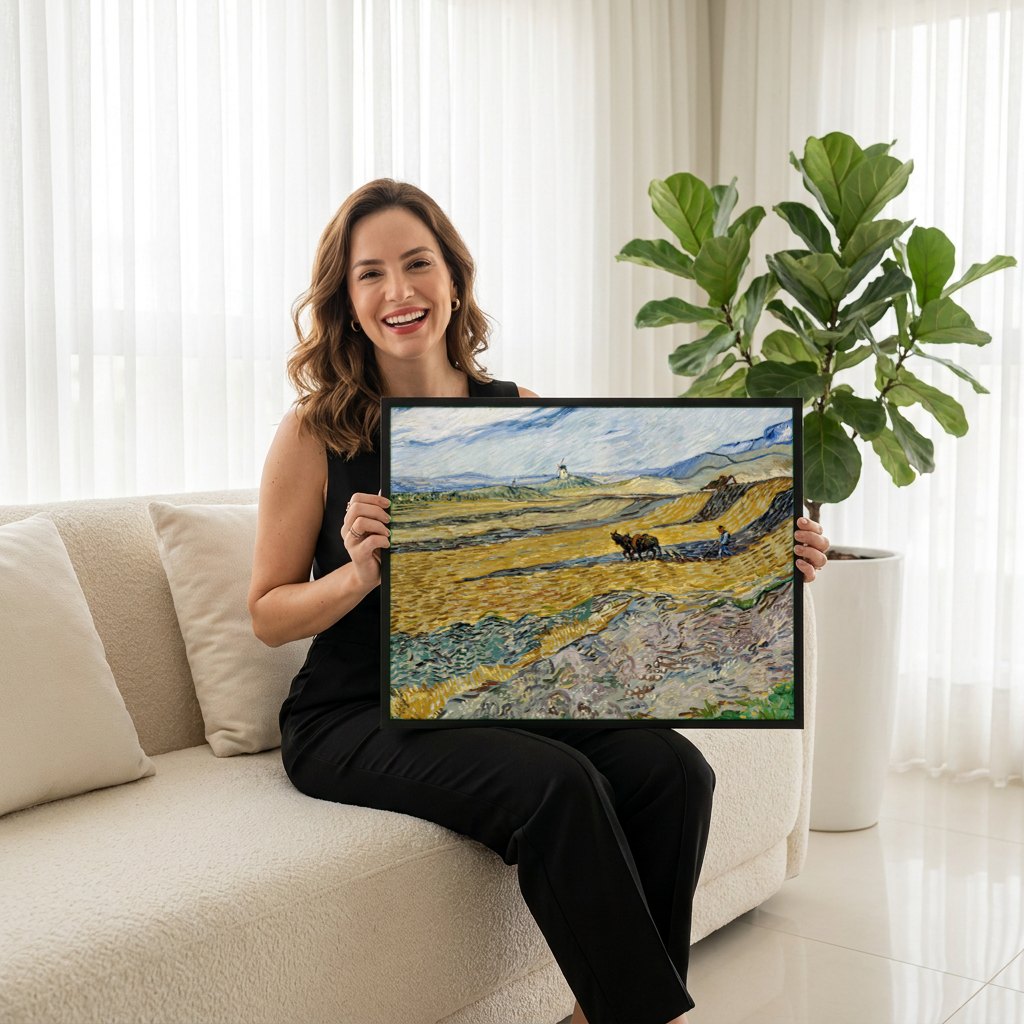 Quadro Decorativo Campo de Trigo Arado - Van Gogh | modelo apresentando o quadro emoldurado