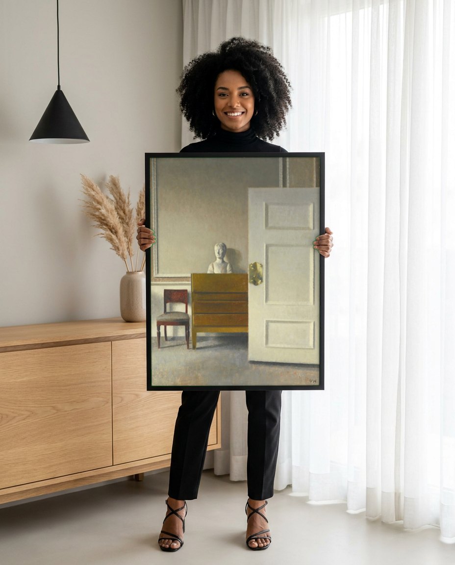 Quadro Decorativo Interior com Estátua - Vilhelm Hammershøi | modelo apresentando o quadro emoldurado