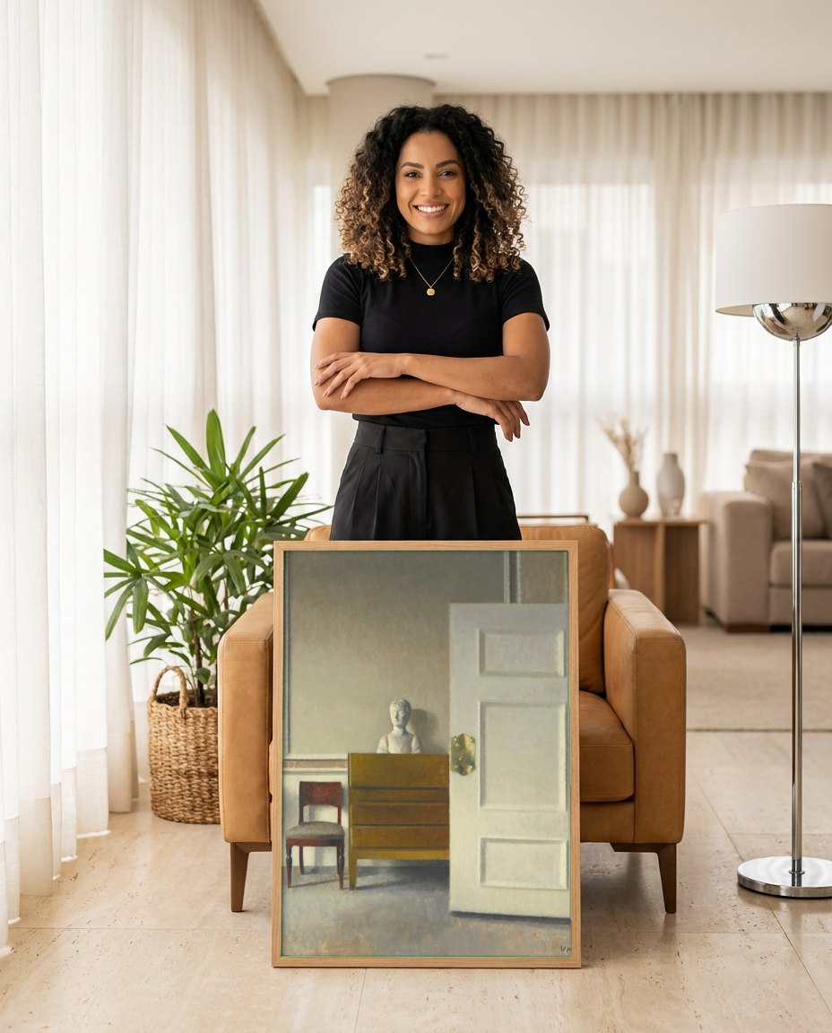 Quadro Decorativo Interior com Estátua - Vilhelm Hammershøi | modelo apresentando o quadro emoldurado