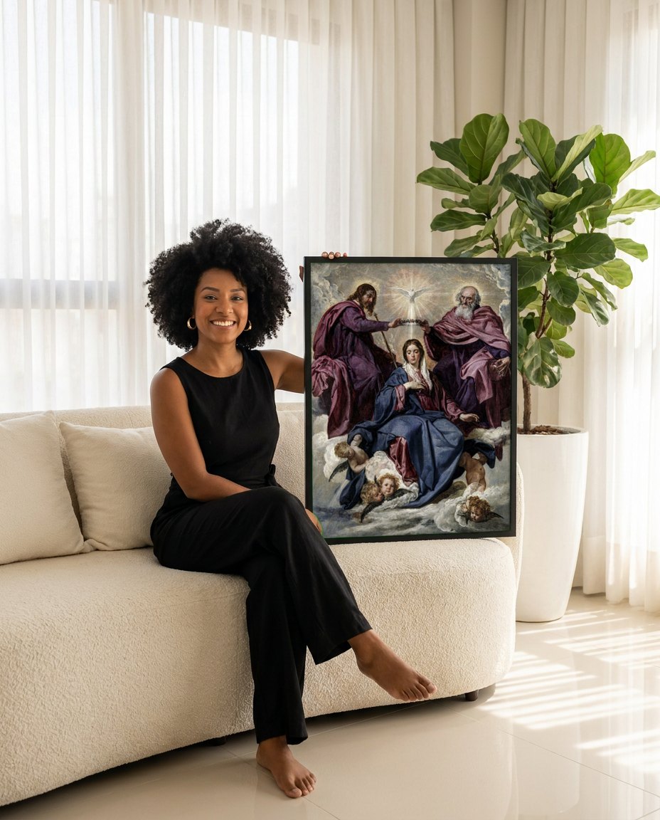 Quadro Decorativo A Coroacao da Virgem - Velázquez | modelo apresentando o quadro emoldurado