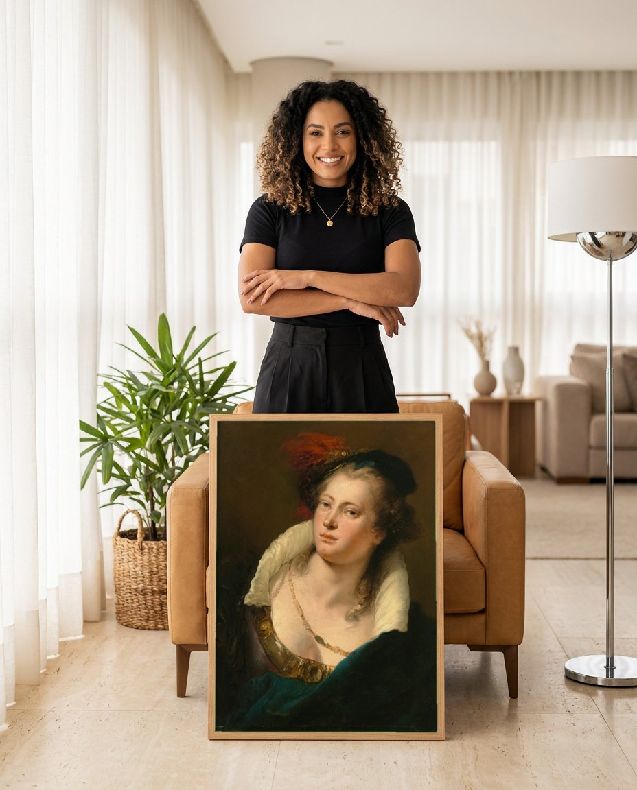 Quadro Decorativo Retrato de Mulher - Giovanni Battista Tiepolo | modelo apresentando o quadro emoldurado