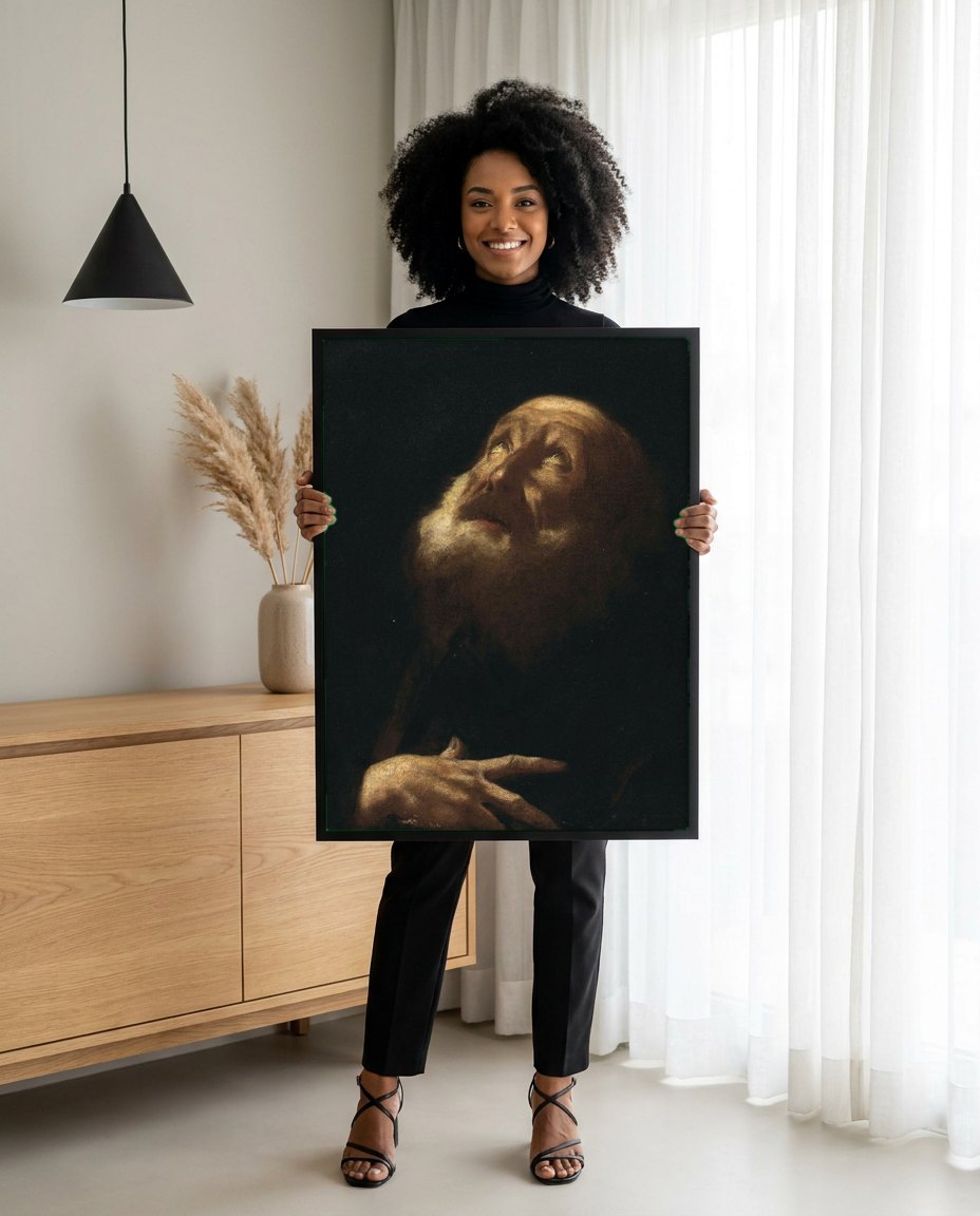 Quadro Decorativo A Cabeça do Velho - Giovanni Battista Piazzetta | modelo apresentando o quadro emoldurado