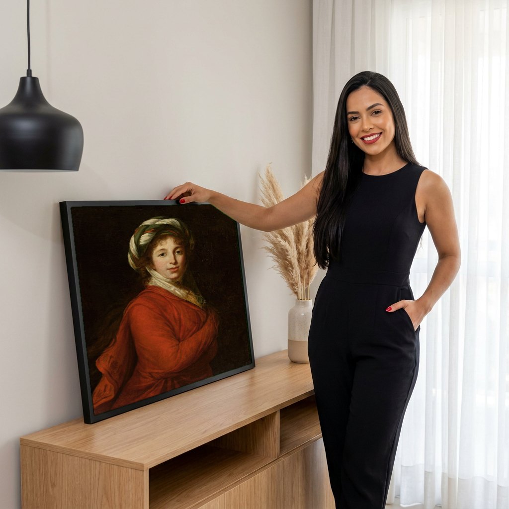 Quadro Decorativo Senhora com Turbante - Vigée Le Brun | modelo apresentando o quadro emoldurado