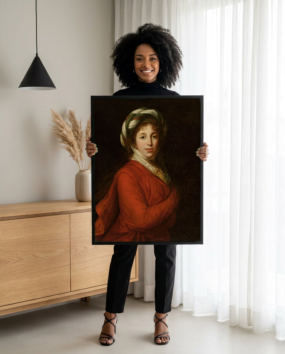 Quadro Decorativo Senhora com Turbante - Vigée Le Brun | modelo apresentando o quadro emoldurado