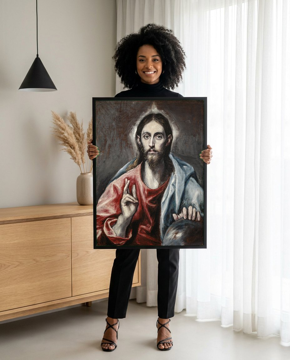 Quadro Decorativo Cristo Abencoando (Salvator Mundi) - El Greco | modelo apresentando o quadro emoldurado