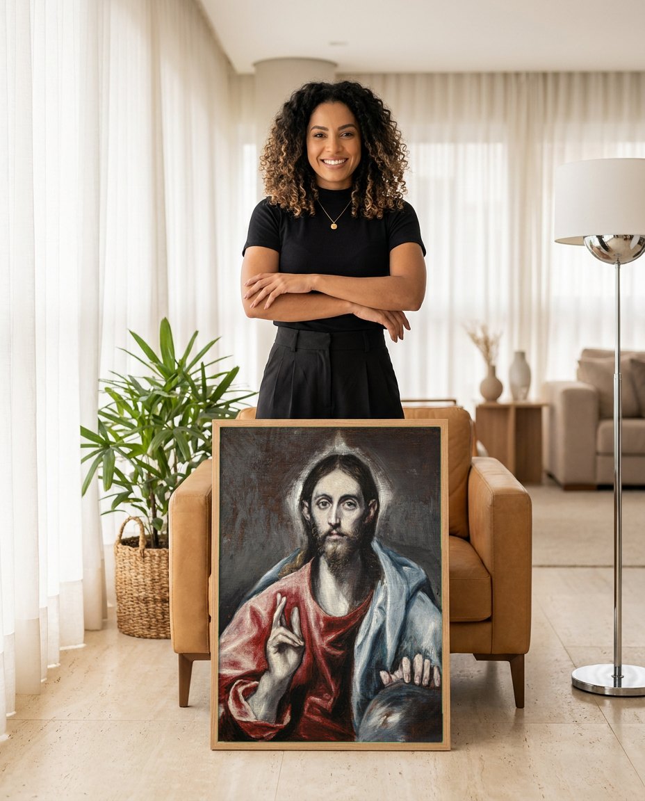 Quadro Decorativo Cristo Abencoando (Salvator Mundi) - El Greco | modelo apresentando o quadro emoldurado