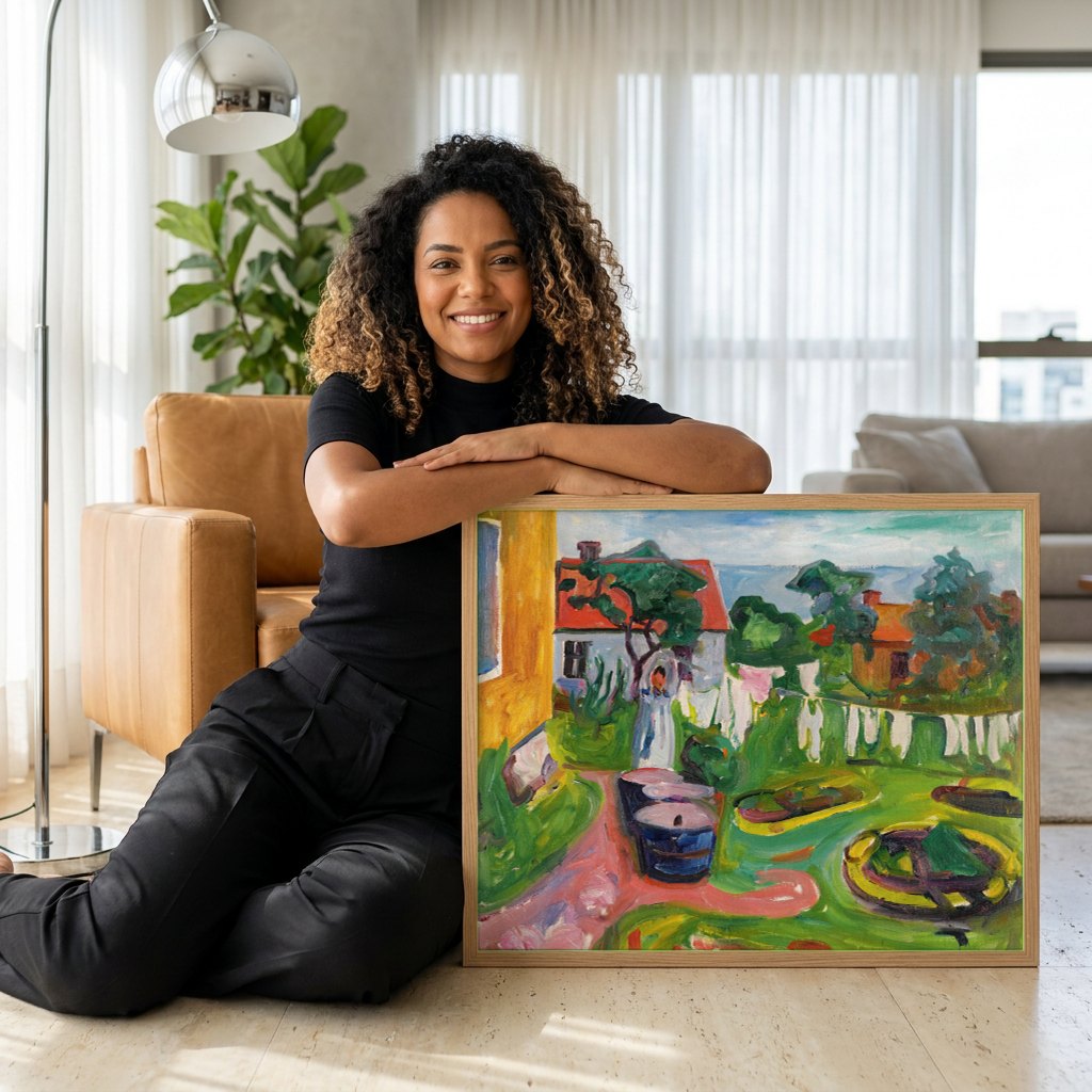 Quadro Decorativo Jardins com Mulher Lavando - Edvard Munch | modelo apresentando o quadro emoldurado