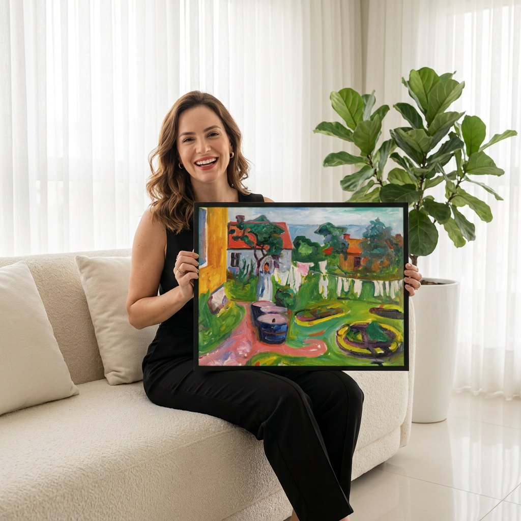 Quadro Decorativo Jardins com Mulher Lavando - Edvard Munch | modelo apresentando o quadro emoldurado