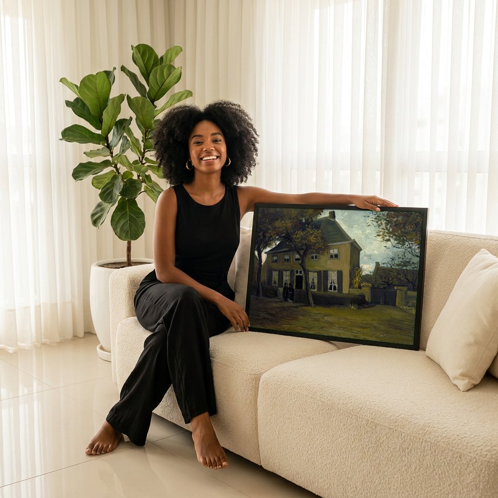 Quadro Decorativo A Casa Amarela (A Rua) - Van Gogh | modelo apresentando o quadro emoldurado