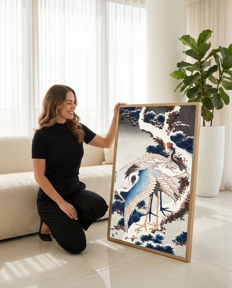 Quadro Decorativo Garças e Pinheiros Nevados - Hokusai | modelo apresentando o quadro emoldurado