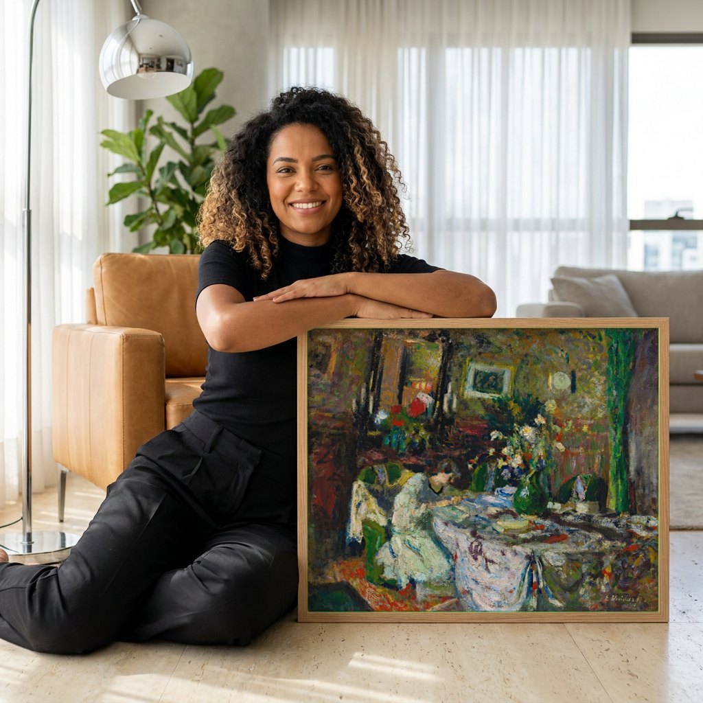Quadro Decorativo A Costureira - Édouard Vuillard | modelo apresentando o quadro emoldurado