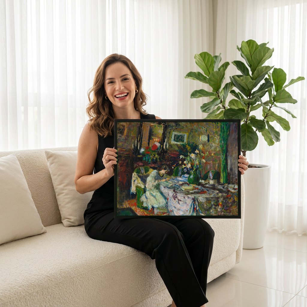 Quadro Decorativo A Costureira - Édouard Vuillard | modelo apresentando o quadro emoldurado