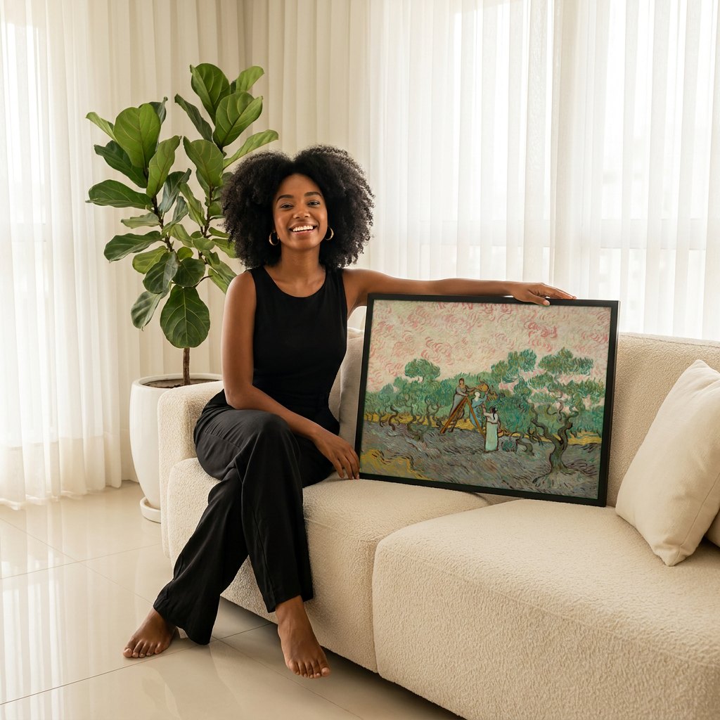 Quadro Decorativo A Colheita de Azeite - Van Gogh | modelo apresentando o quadro emoldurado
