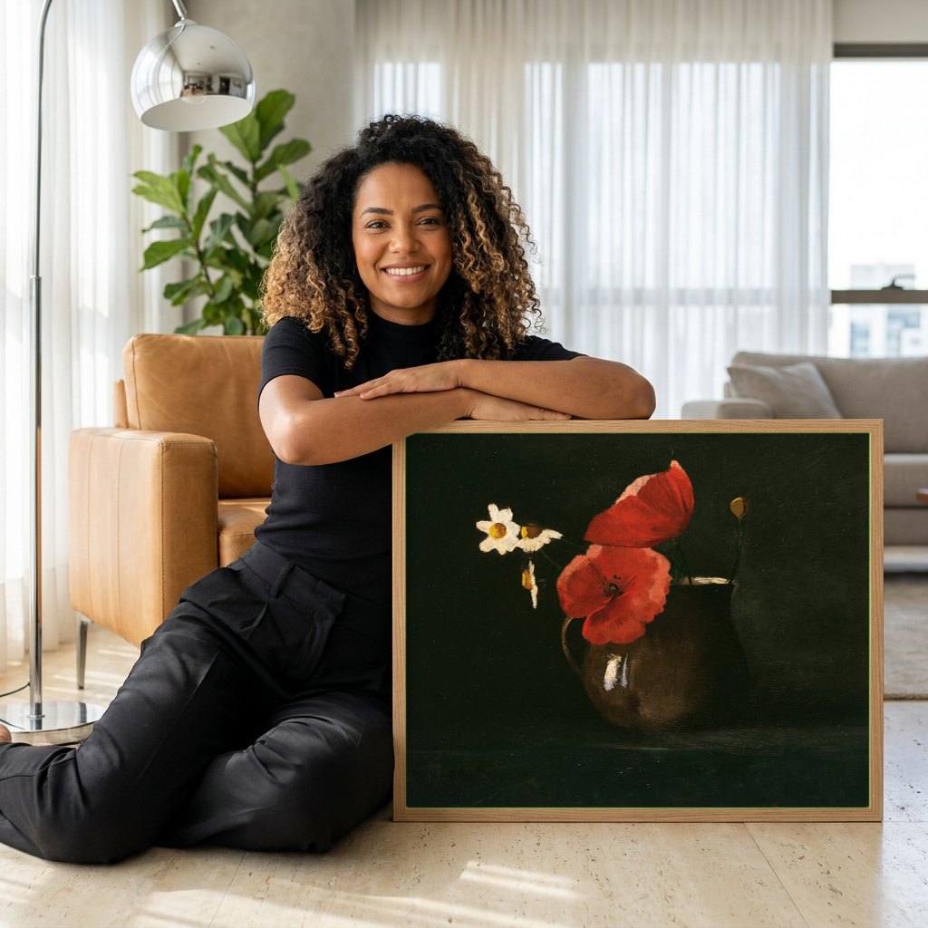 Quadro Decorativo Flores e Papoulas em Vaso - Odilon Redon | modelo apresentando o quadro emoldurado