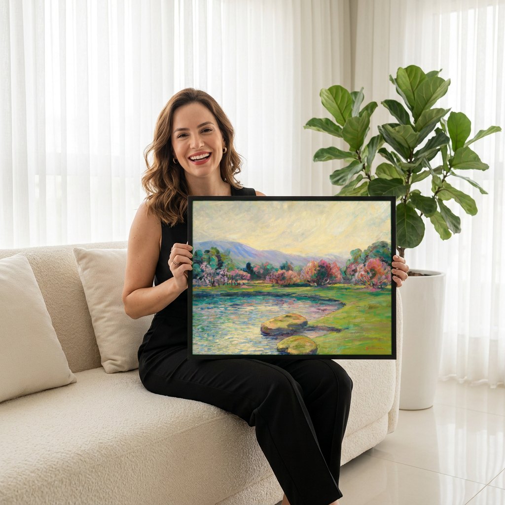 Quadro Decorativo Paisagem com Rio e Árvores - Armand Guillaumin | modelo apresentando o quadro emoldurado