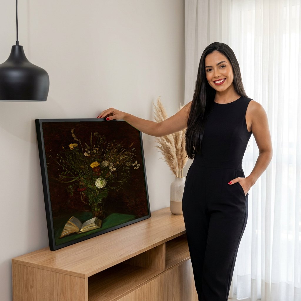 Quadro Decorativo 'Natureza Morta com Livro e Flores' - Hans Thoma | modelo apresentando o quadro emoldurado