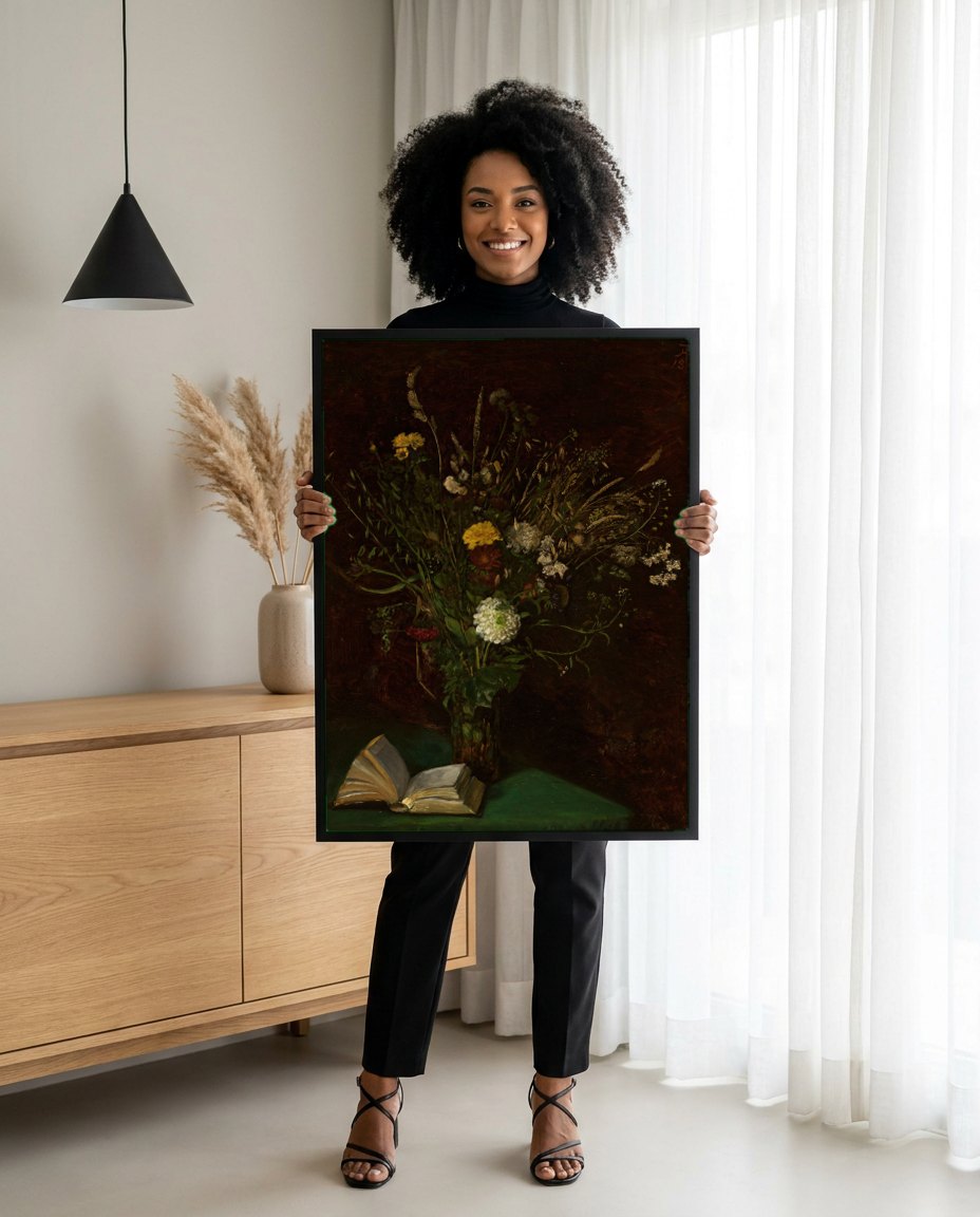 Quadro Decorativo 'Natureza Morta com Livro e Flores' - Hans Thoma | modelo apresentando o quadro emoldurado