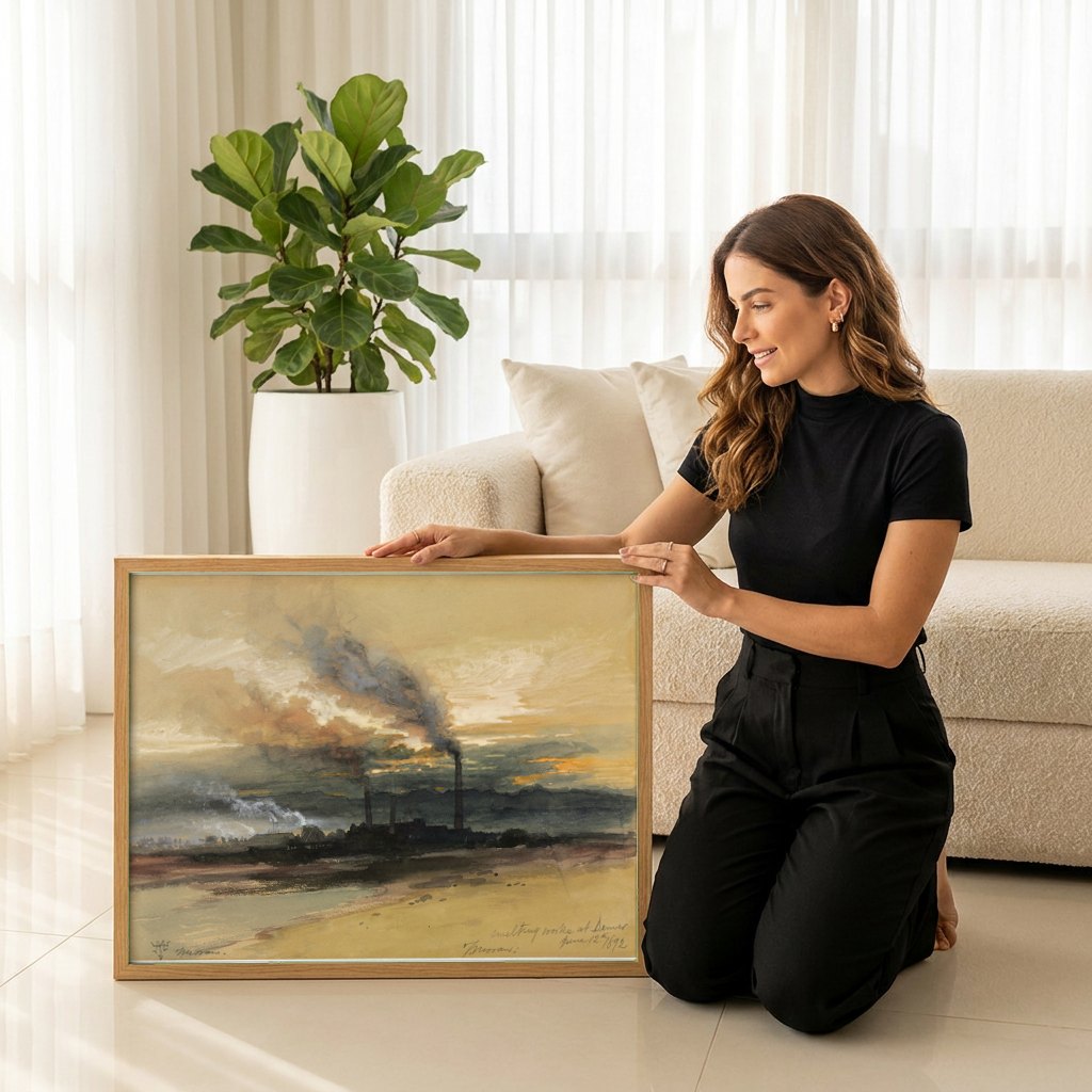 Quadro Decorativo Smelting Works at Denver - Thomas Moran | modelo apresentando o quadro emoldurado