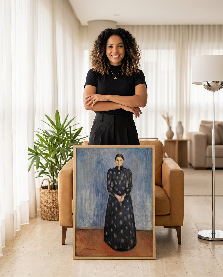 Quadro Decorativo A Senhora em Preto - Edvard Munch | modelo apresentando o quadro emoldurado