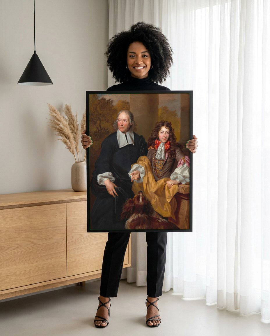 Quadro Decorativo Retrato de Homem e Jovem - Nicolas de Largillière | modelo apresentando o quadro emoldurado