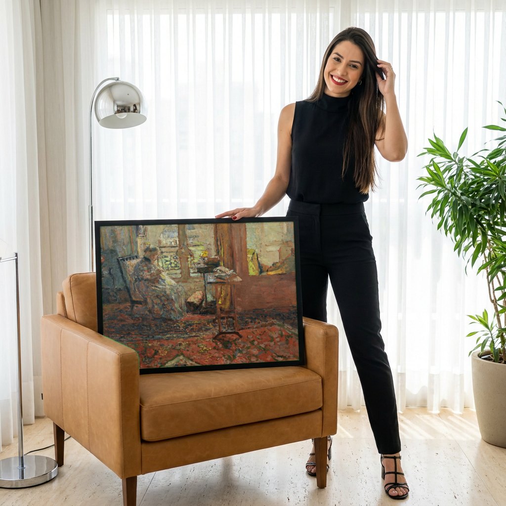 Quadro Decorativo A Costureira - Édouard Vuillard | modelo apresentando o quadro emoldurado