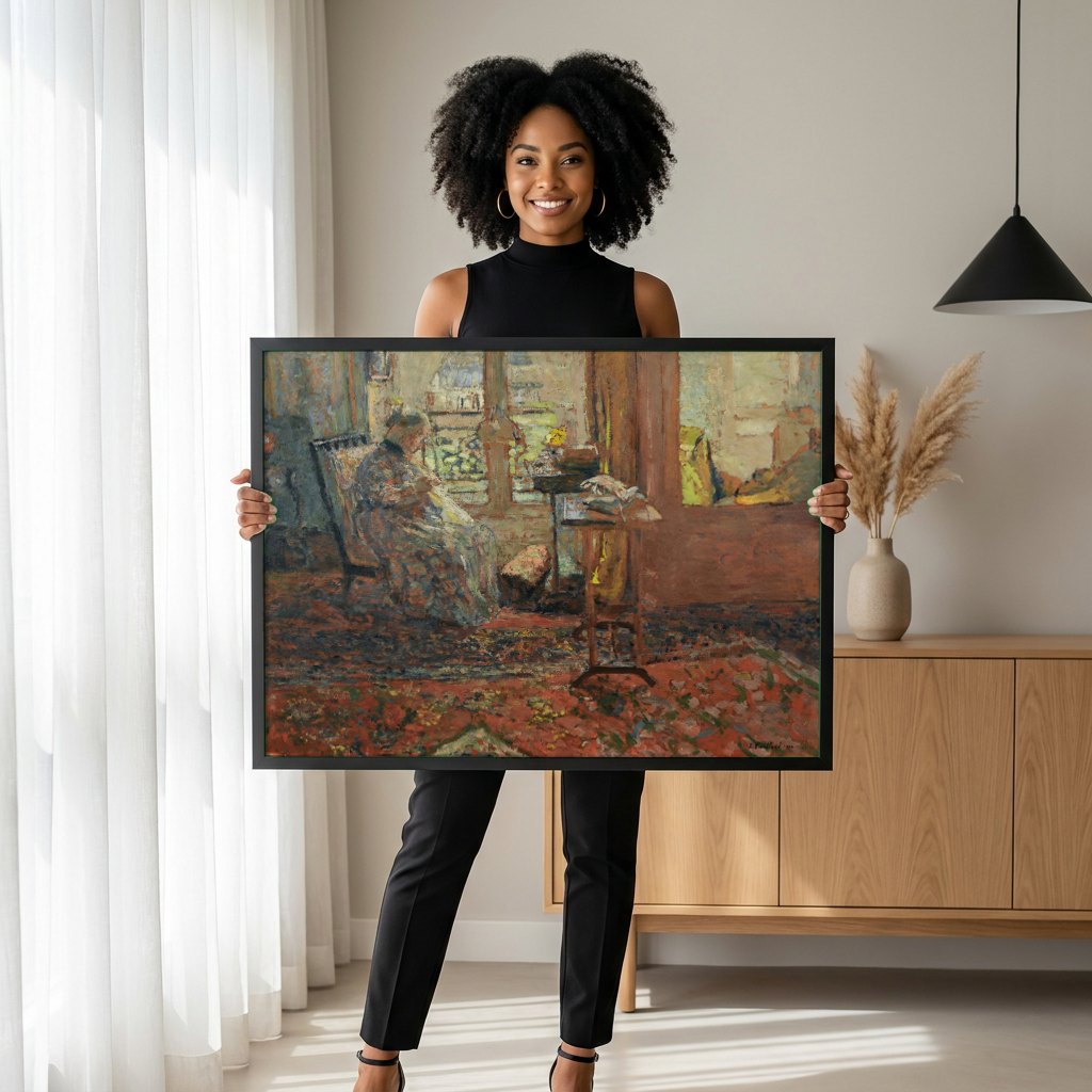 Quadro Decorativo A Costureira - Édouard Vuillard | modelo apresentando o quadro emoldurado