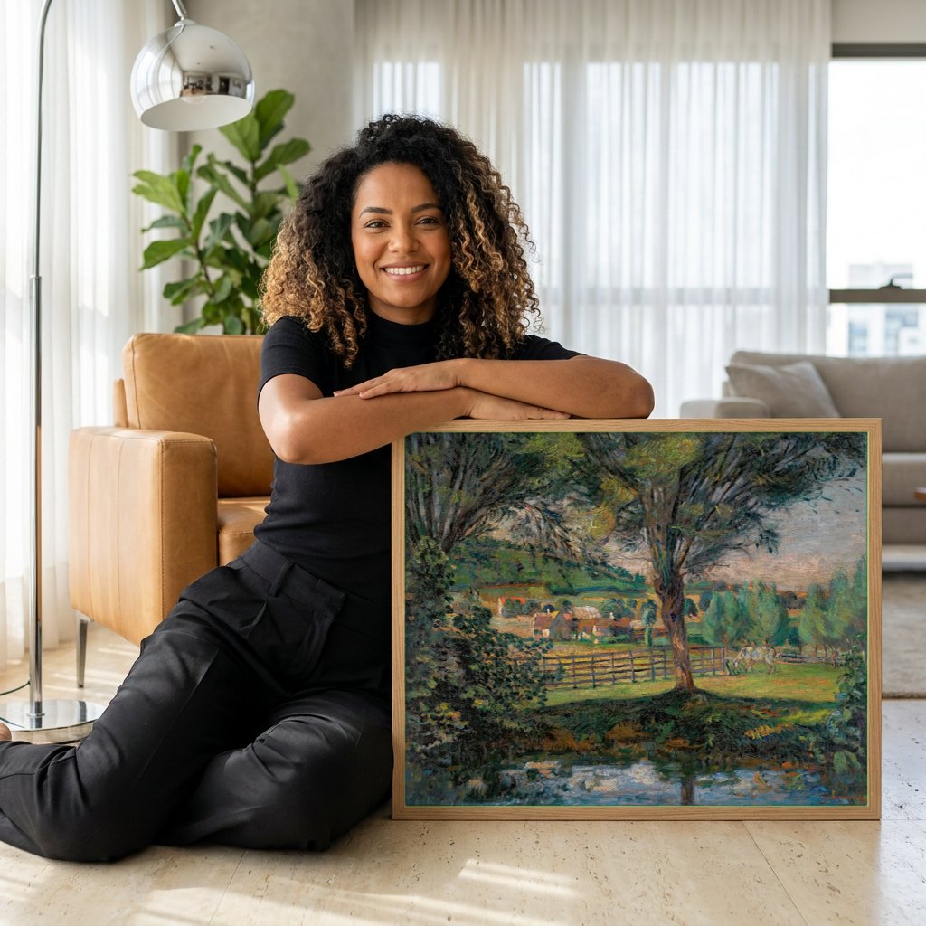 Quadro Decorativo Paisagem com Rio e Árvores - Guillaumin | modelo apresentando o quadro emoldurado
