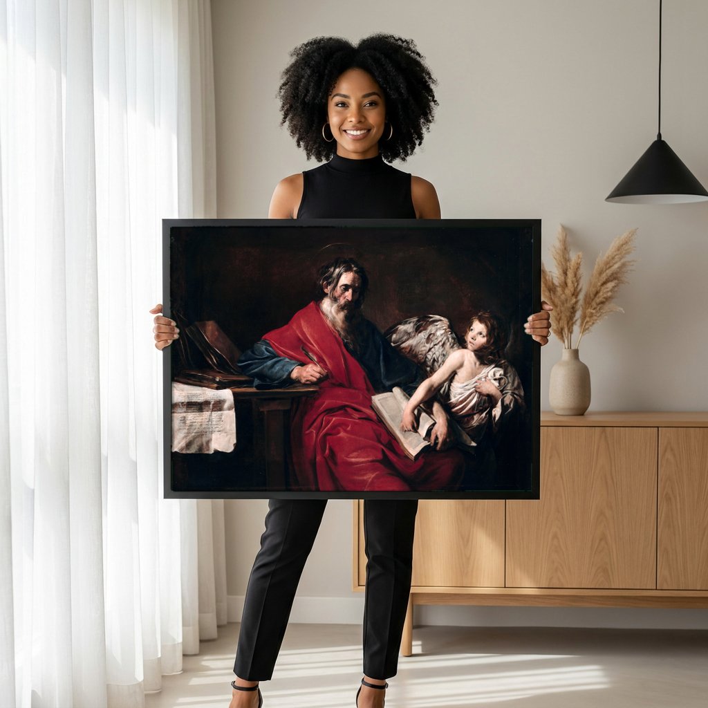 Quadro Decorativo São Mateus e o Anjo - Valentin de Boulogne com modelo em ambiente