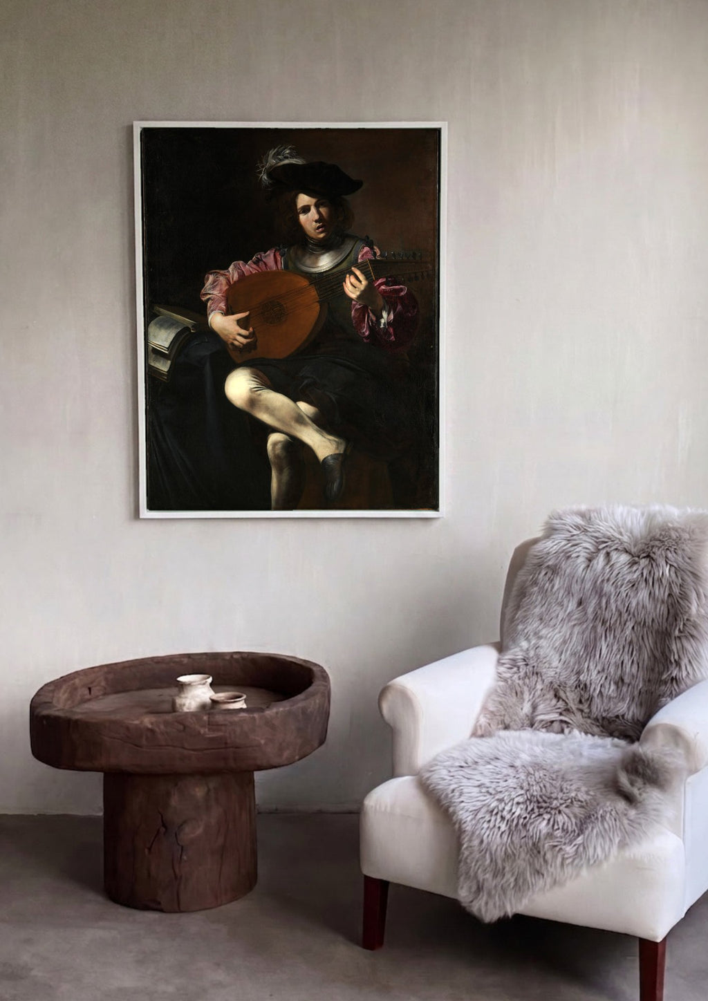 Quadro Decorativo O Tocador de Alaúde - Valentin de Boulogne em ambiente decorado