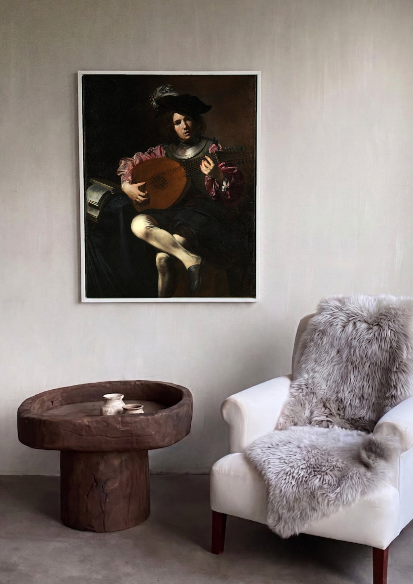 Quadro Decorativo O Tocador de Alaúde - Valentin de Boulogne em ambiente decorado