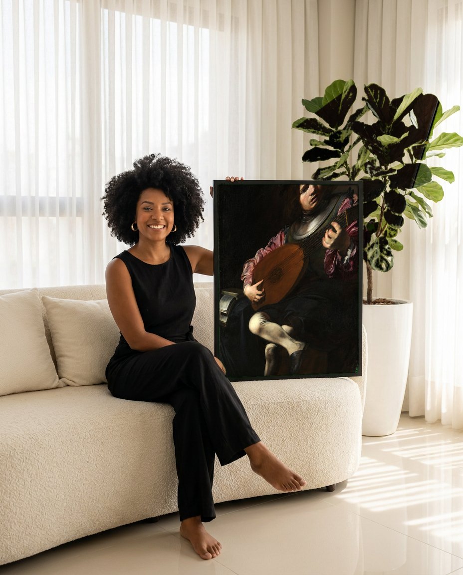 Quadro Decorativo O Tocador de Alaúde - Valentin de Boulogne com modelo em ambiente