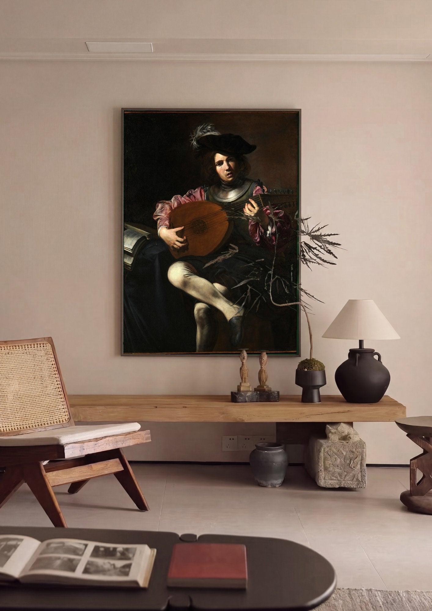 Quadro Decorativo O Tocador de Alaúde - Valentin de Boulogne em ambiente decorado
