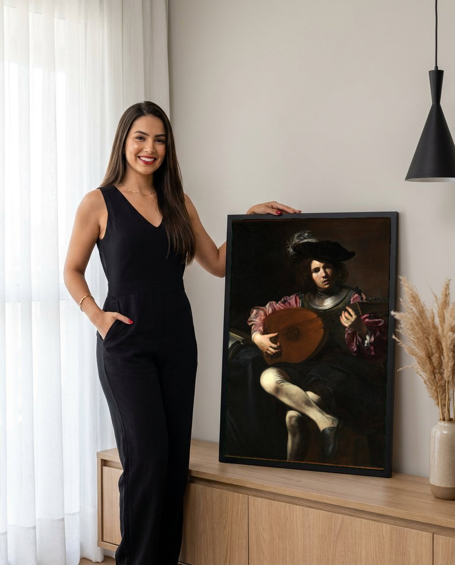 Quadro Decorativo O Tocador de Alaúde - Valentin de Boulogne com modelo em ambiente