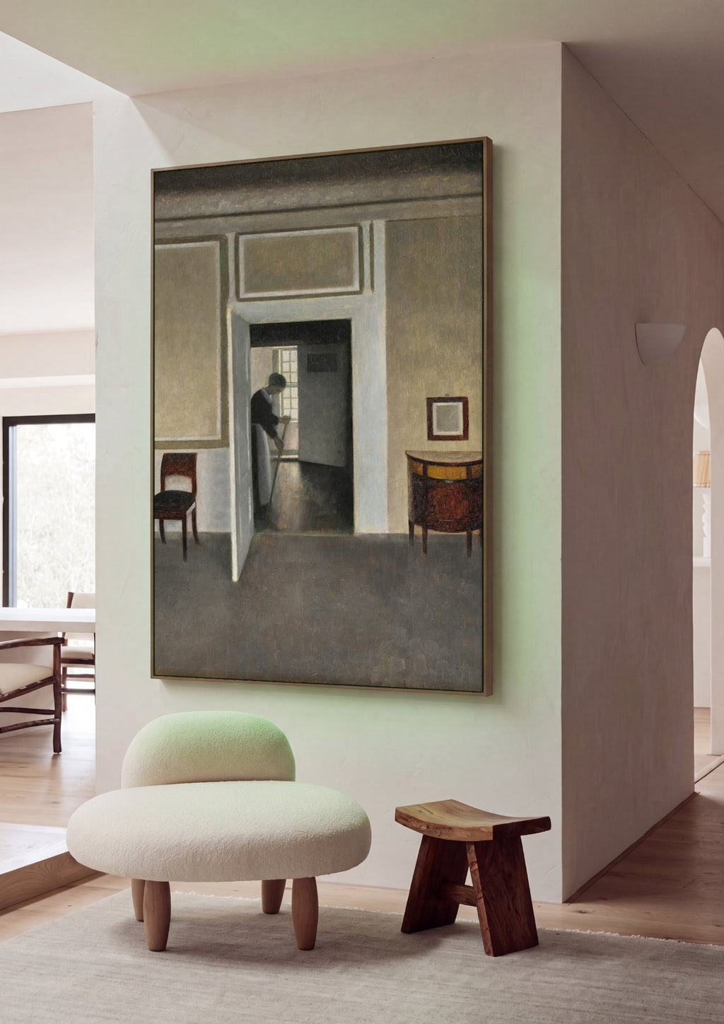 Quadro Decorativo Interior com Mulher Varrrendo - Vilhelm Hammershøi em ambiente decorado