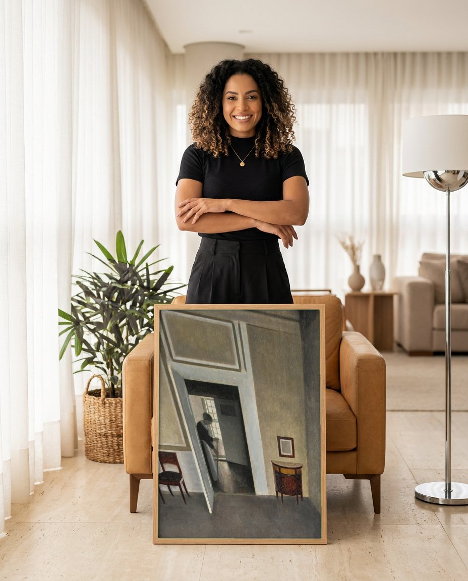 Quadro Decorativo Interior com Mulher Varrrendo - Vilhelm Hammershøi com modelo em ambiente