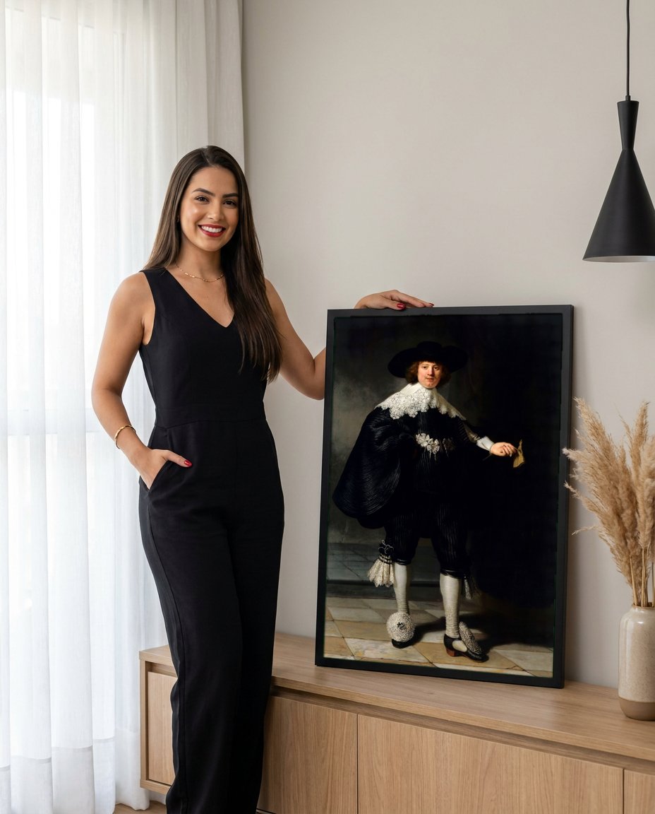 Quadro Decorativo Retrato de Jovem Cavalheiro - Rembrandt com modelo em ambiente