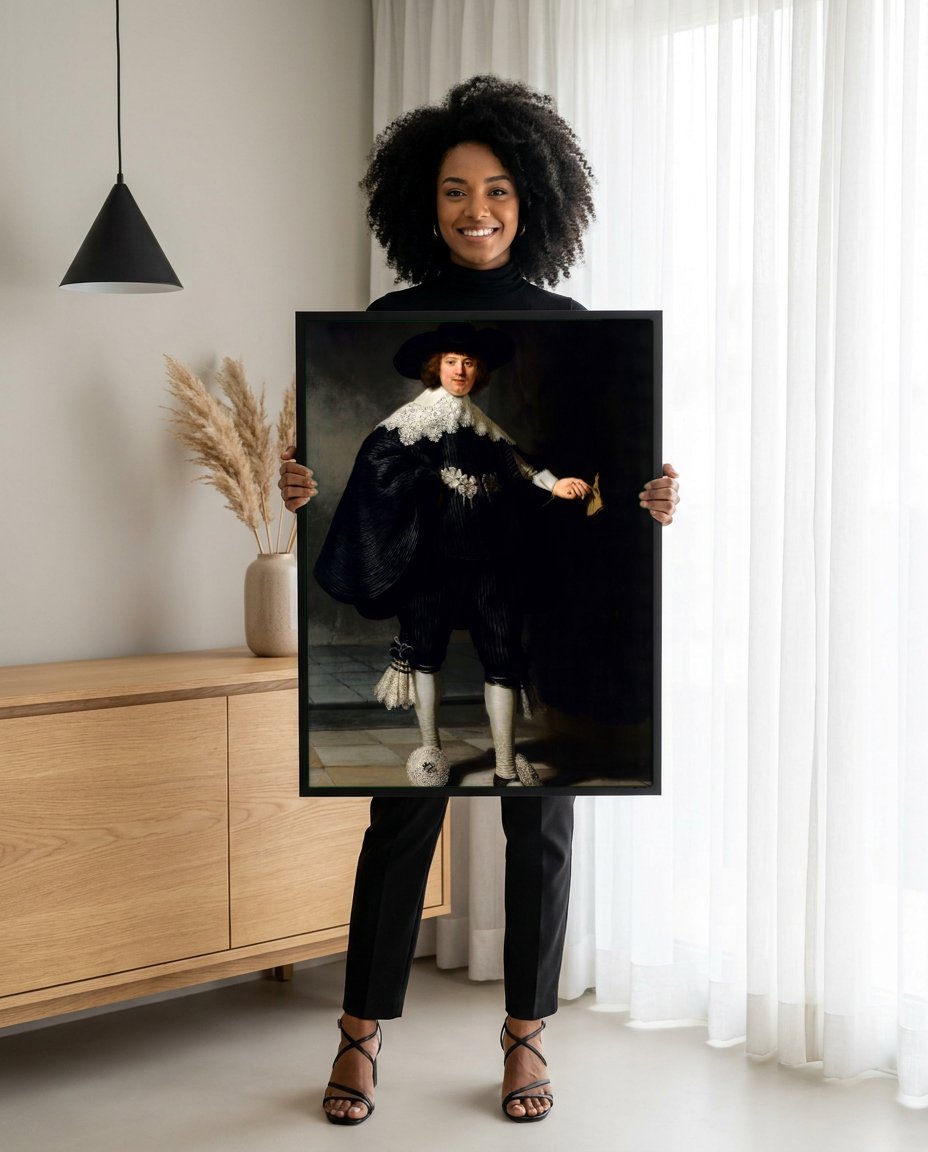 Quadro Decorativo Retrato de Jovem Cavalheiro - Rembrandt com modelo em ambiente