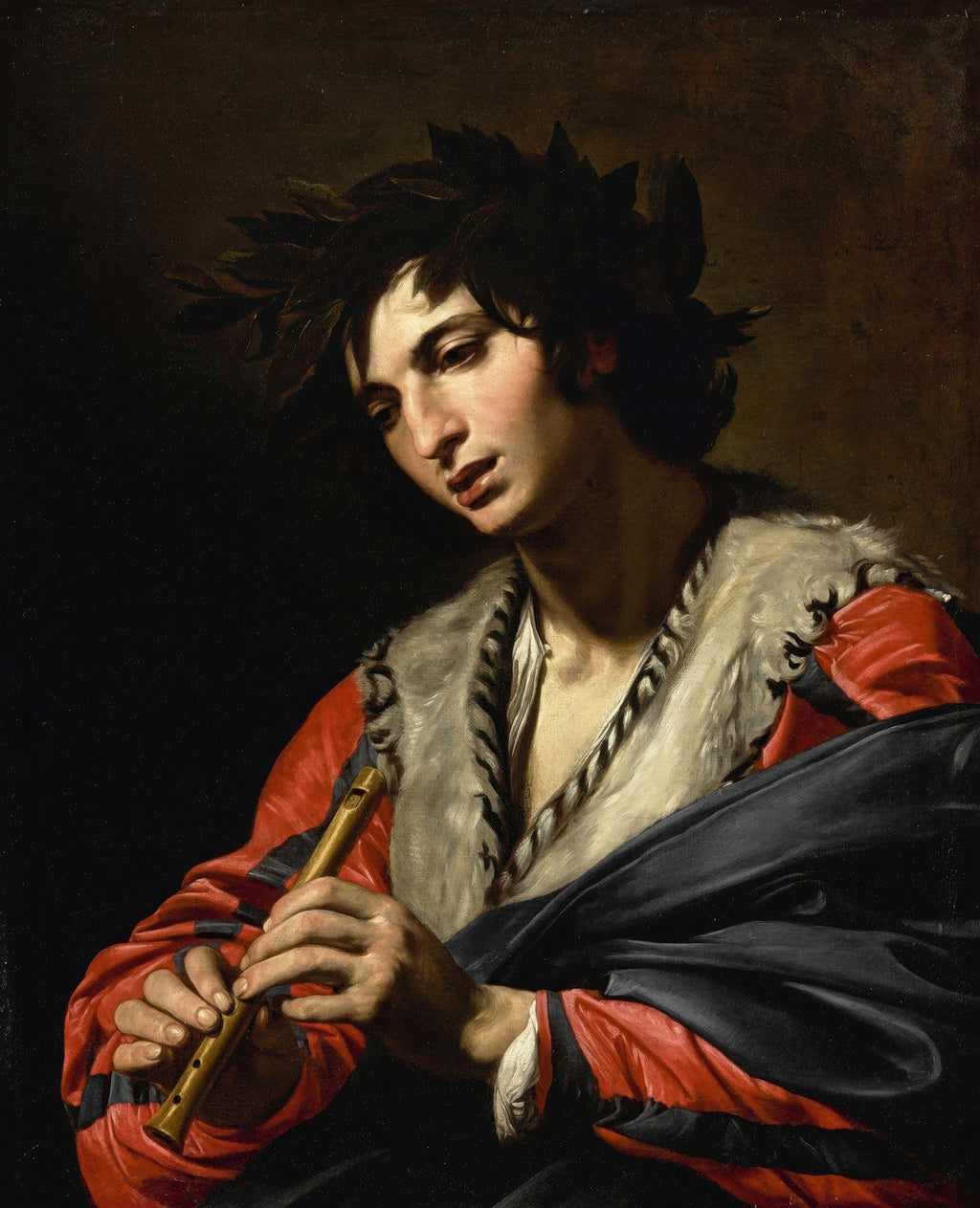 Retrato de um jovem com coroa de louros, tocando flauta, em estilo barroco de Valentin de Boulogne. Quadro decorativo com iluminação dramática.