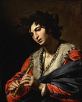 Retrato de um jovem com coroa de louros, tocando flauta, em estilo barroco de Valentin de Boulogne. Quadro decorativo com iluminação dramática.