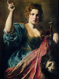 Pintura barroca de Judite, uma mulher com cabelo encaracolado e expressão séria, segurando uma espada e a cabeça de Holofernes. Ela usa um vestido azul e dourado e seu braço direito está erguido. Fundo escuro.