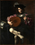 Pintura a óleo de Valentin de Boulogne, 'O Tocador de Alaúde', mostrando um jovem com chapéu de plumas tocando um alaúde, iluminado por uma luz dramática contra um fundo escuro. A imagem destaca as cores ricas, os contrastes de luz e sombra e a expressão concentrada do músico.