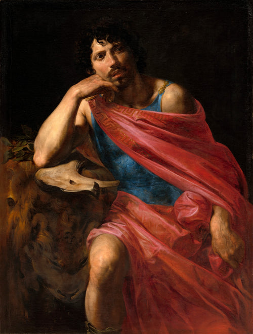 Quadro decorativo mostrando São João Batista, uma pintura a óleo de Valentin de Boulogne, com um homem de cabelos cacheados escuros e barba, vestindo uma túnica azul e um manto vermelho, apoiado em um carneiro ou leão, em um fundo escuro.
