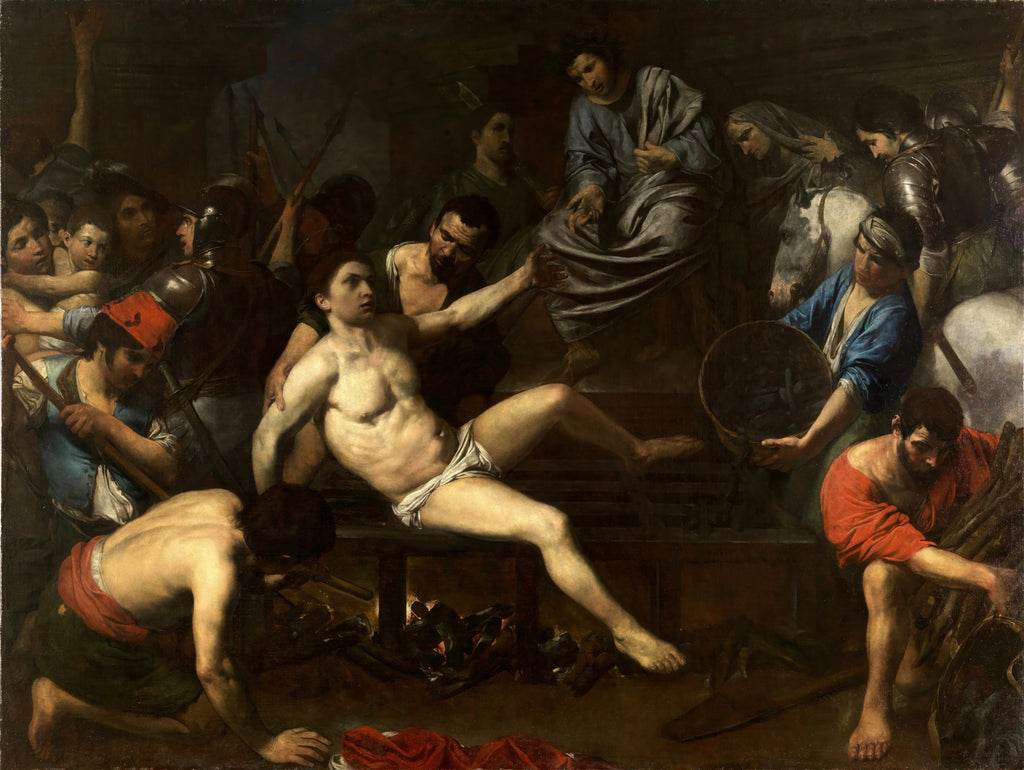 Quadro decorativo mostrando 'O Martírio de São Lourenço' de Valentin de Boulogne, com figuras em cena dramática e contrastes de luz e sombra