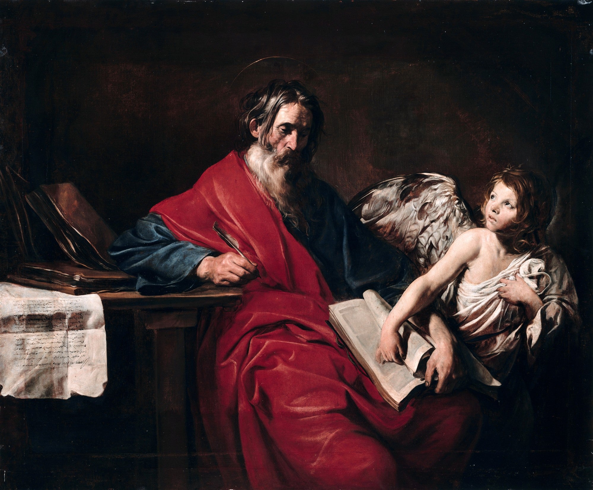 Quadro 'São Mateus e o Anjo' de Valentin de Boulogne, onde um homem idoso com barba escreve em uma mesa, enquanto um anjo o orienta com um livro. Predominam tons escuros com forte contraste de luz nos personagens.