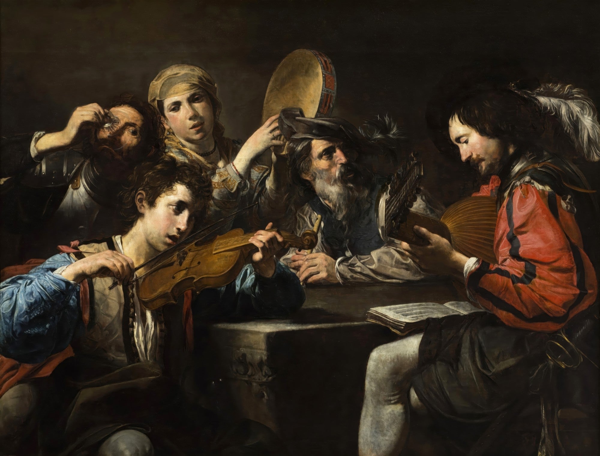 Quadro decorativo 'Os Músicos' de Valentin de Boulogne, retratando um grupo de homens tocando instrumentos musicais em um ambiente escuro, com iluminação dramática.
