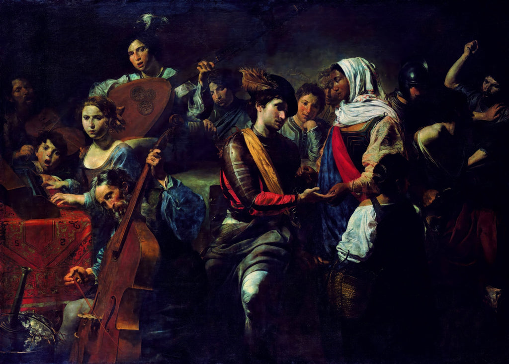 Quadro decorativo 'A Guarda de Cristo' de Valentin de Boulogne, retratando uma cena de grupo com figuras em um ambiente escuro, iluminadas por contrastes dramáticos, com um soldado e músicos. Predominam tons escuros de marrom, verde e vermelho.